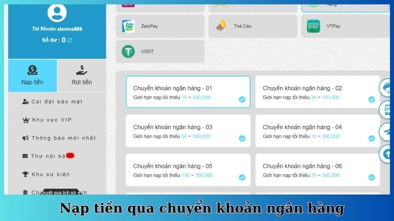 Nạp tiền qua chuyển khoản ngân hàng